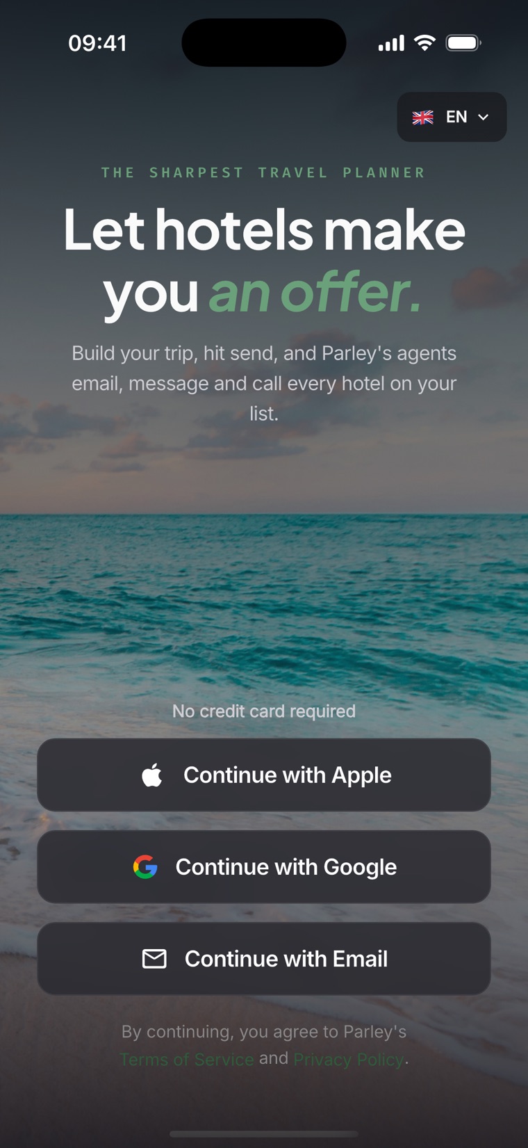 Parley app welcome screen in dark mode - Let hotels make you an offer