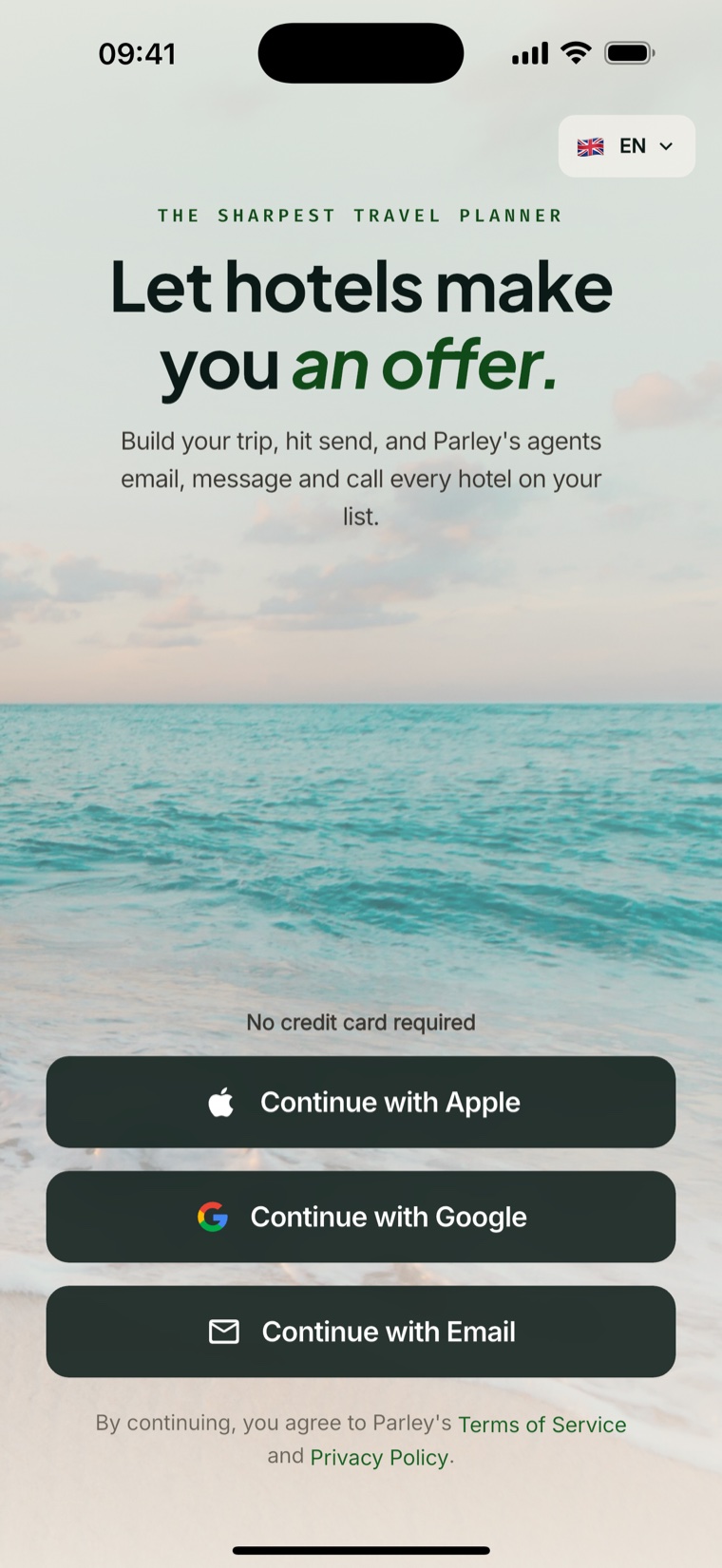 Parley app welcome screen - Let hotels make you an offer